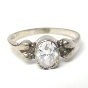 Vintage Sterling Silver Oval Clear Rhinestone Solitaire Ring Size 6 Band, Estate